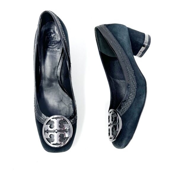 Tory Burch Frannie Reva Pumps 8.5 Black Suede Croc Trim Silver Logo Block Heels - Picture 1 of 14